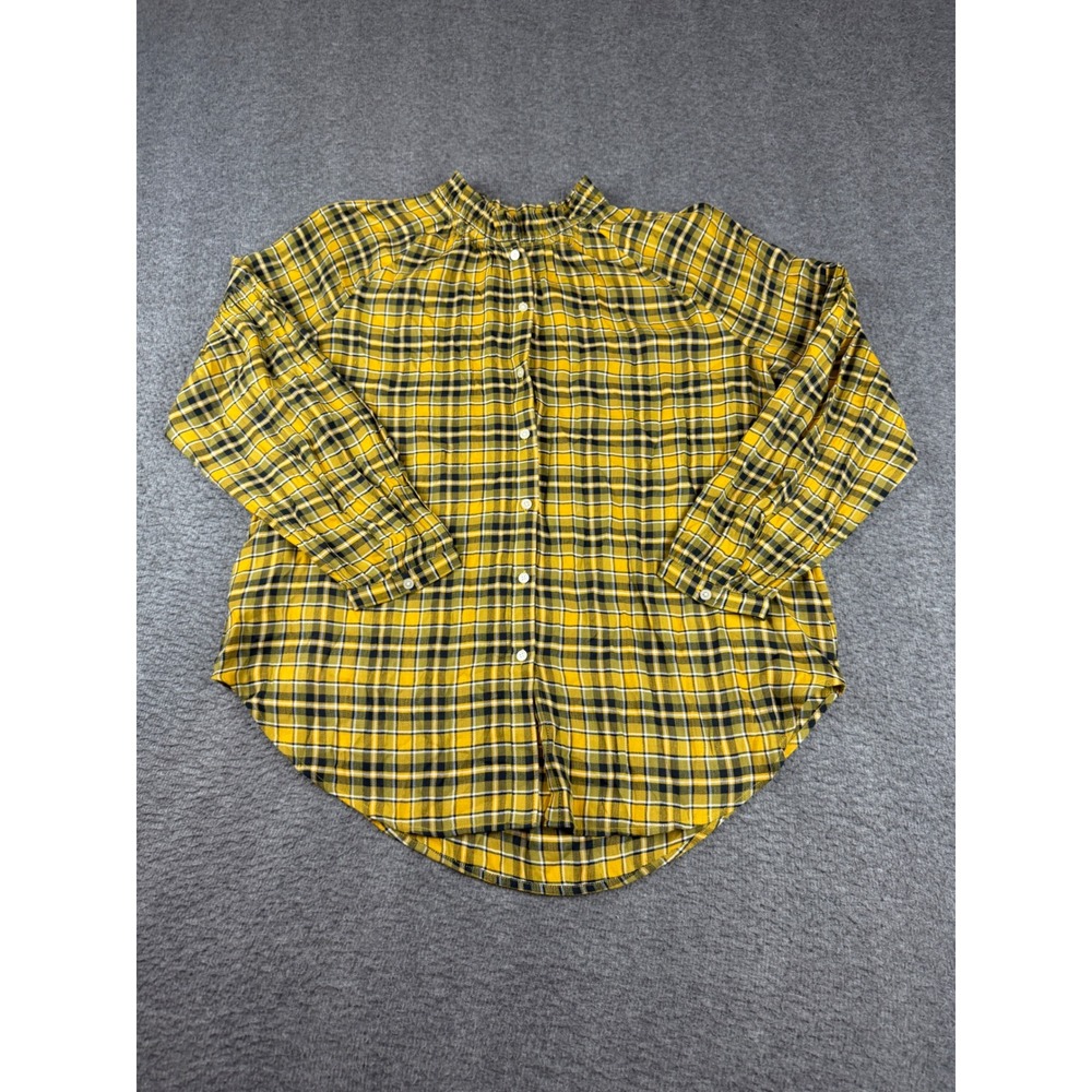 LOFT Button Down Shirt Petites LP Yellow Plaid Ruffle Neck Long Sleeve Blouse